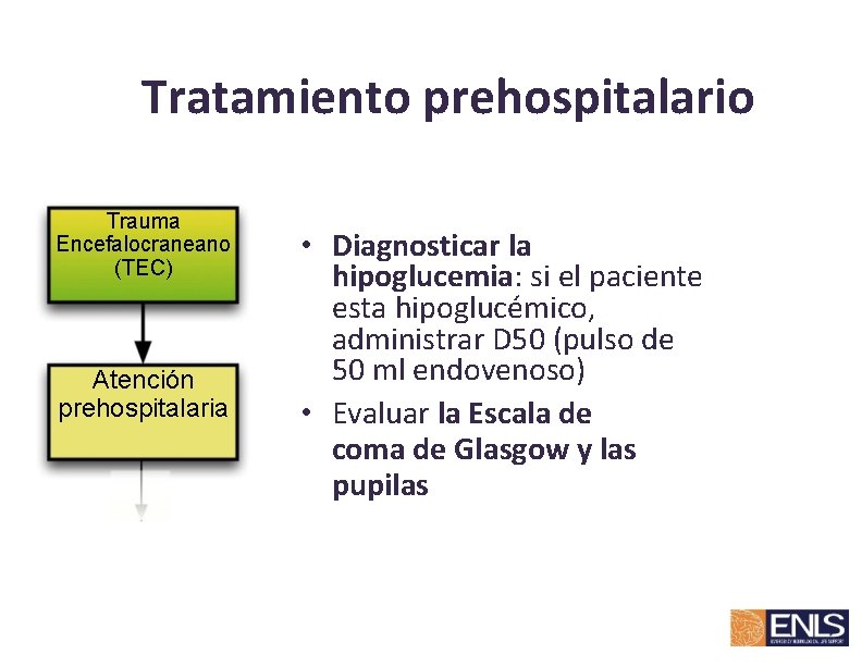 Tratamiento prehospitalario Trauma Encefalocraneano (TEC) Atención prehospitalaria • Diagnosticar la hipoglucemia: si el paciente