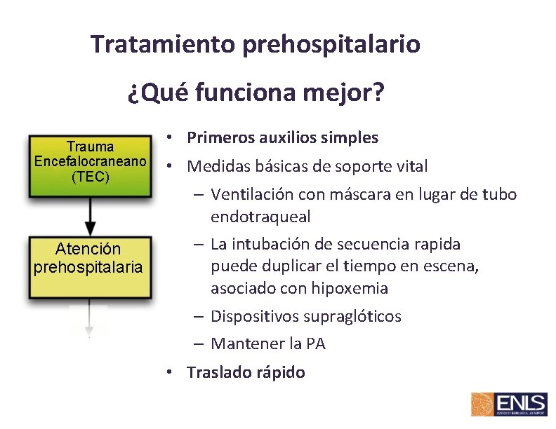 Tratamiento prehospitalario ¿Qué funciona mejor? Trauma Encefalocraneano (TEC) Atención prehospitalaria • Primeros auxilios simples