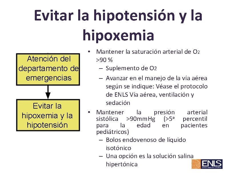 Evitar la hipotensión y la hipoxemia Atención del departamento de emergencias Evitar la hipoxemia