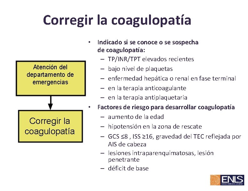 Corregir la coagulopatía Atención del departamento de emergencias Corregir la coagulopatía • Indicado si