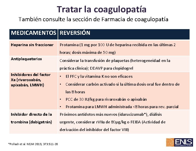 Tratar la coagulopatía También consulte la sección de Farmacia de coagulopatía MEDICAMENTOS REVERSIÓN Heparina