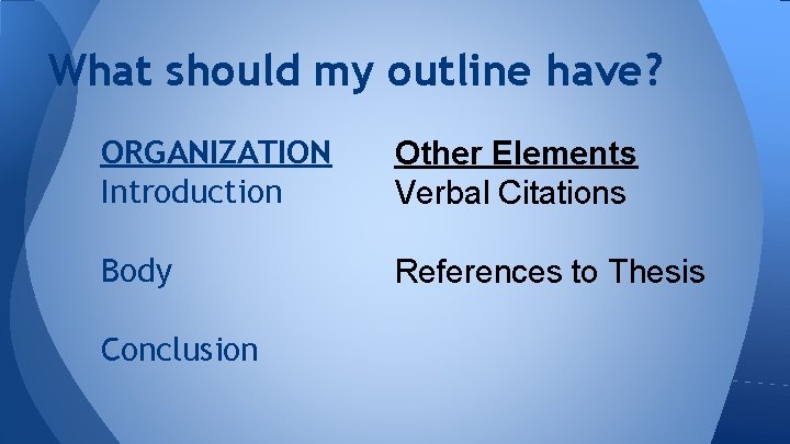 What should my outline have? ORGANIZATION Introduction Other Elements Verbal Citations Body References to