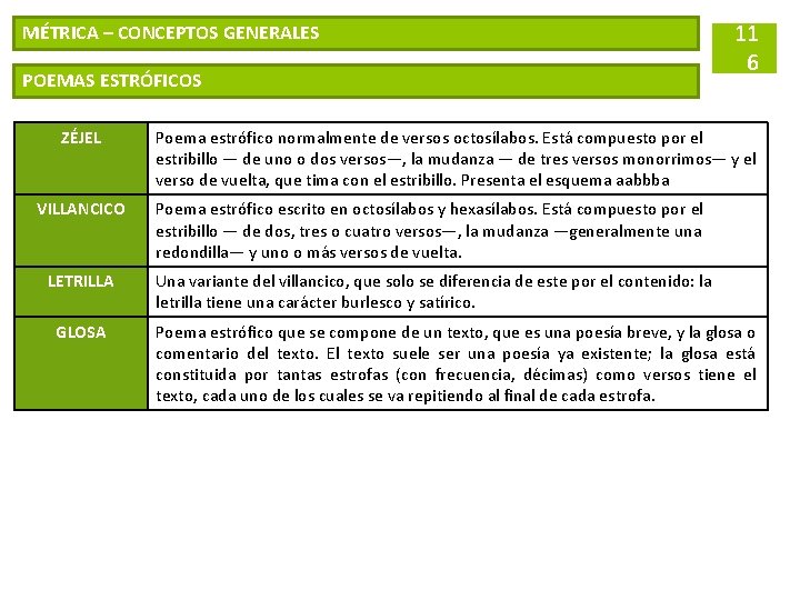 MÉTRICA – CONCEPTOS GENERALES POEMAS ESTRÓFICOS ZÉJEL Poema estrófico normalmente de versos octosílabos. Está