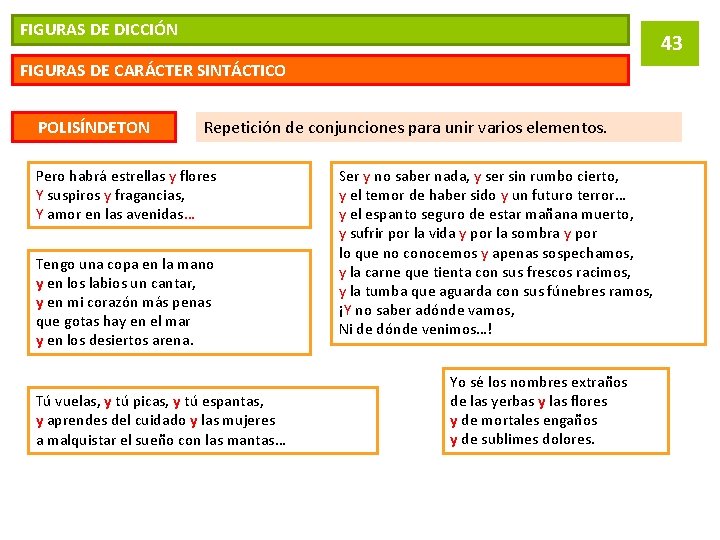 FIGURAS DE DICCIÓN 43 FIGURAS DE CARÁCTER SINTÁCTICO POLISÍNDETON Repetición de conjunciones para unir