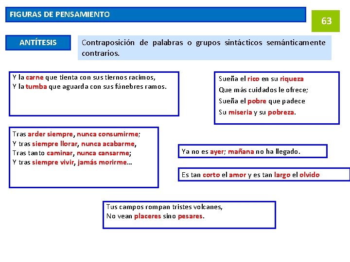 FIGURAS DE PENSAMIENTO ANTÍTESIS 63 Contraposición de palabras o grupos sintácticos semánticamente contrarios. Y