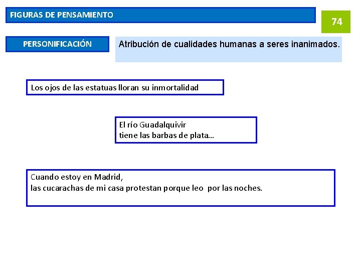 FIGURAS DE PENSAMIENTO PERSONIFICACIÓN 74 Atribución de cualidades humanas a seres inanimados. Los ojos