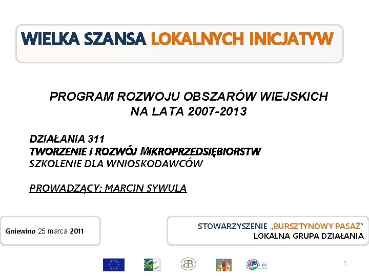 WIELKA SZANSA LOKALNYCH INICJATYW PROGRAM ROZWOJU OBSZARÓW WIEJSKICH NA LATA 2007 -2013 DZIAŁANIA 311