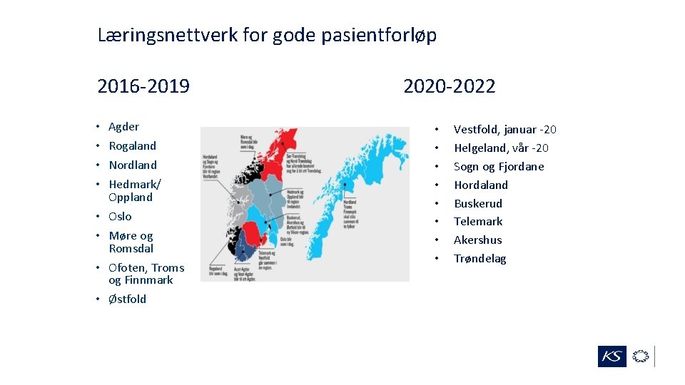 Læringsnettverk for gode pasientforløp 2016 -2019 • • Agder Rogaland Nordland Hedmark/ Oppland •