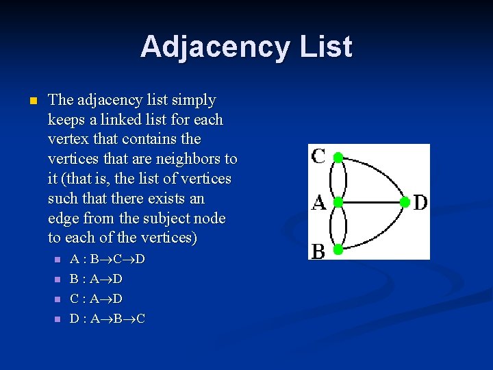 Adjacency List n The adjacency list simply keeps a linked list for each vertex