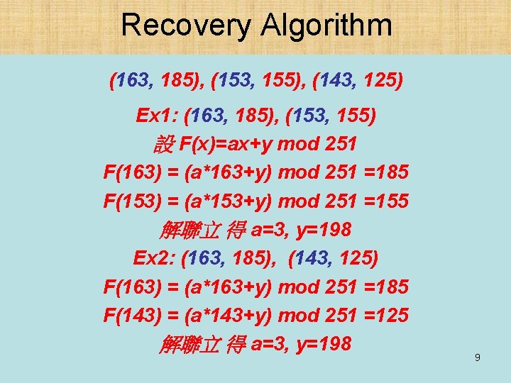 Recovery Algorithm (163, 185), (153, 155), (143, 125) Ex 1: (163, 185), (153, 155)