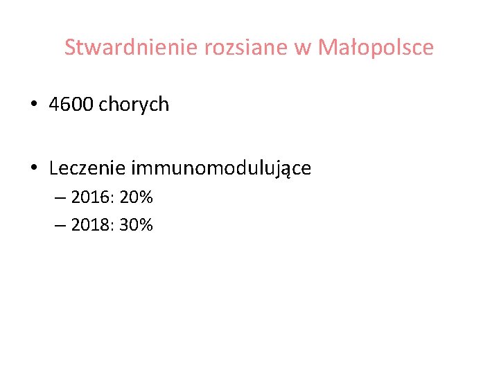 Stwardnienie rozsiane w Małopolsce • 4600 chorych • Leczenie immunomodulujące – 2016: 20% –