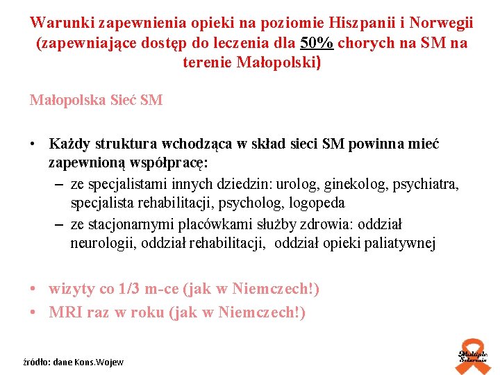 Warunki zapewnienia opieki na poziomie Hiszpanii i Norwegii (zapewniające dostęp do leczenia dla 50%