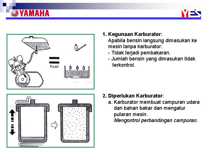 1. Kegunaan Karburator: Apabila bensin langsung dimasukan ke mesin tanpa karburator: - Tidak terjadi