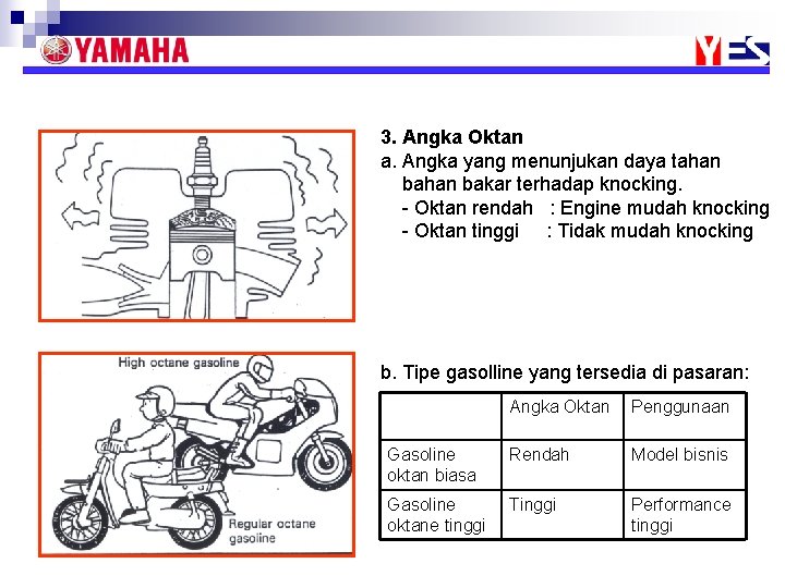 3. Angka Oktan a. Angka yang menunjukan daya tahan bakar terhadap knocking. - Oktan