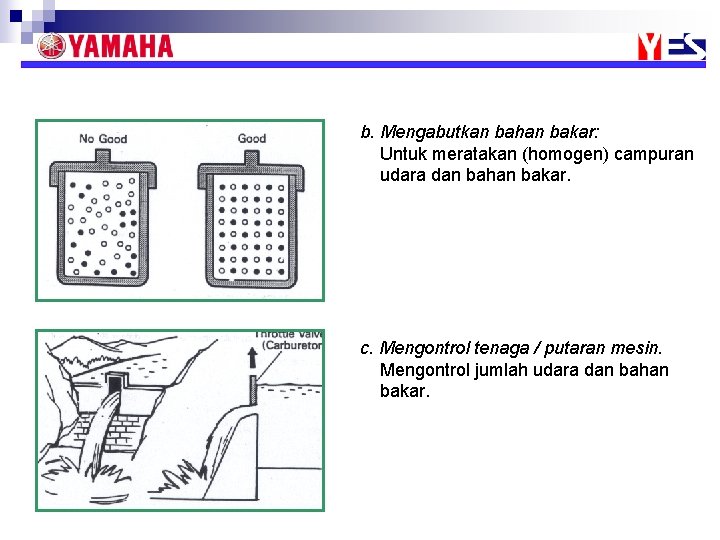 b. Mengabutkan bahan bakar: Untuk meratakan (homogen) campuran udara dan bahan bakar. c. Mengontrol