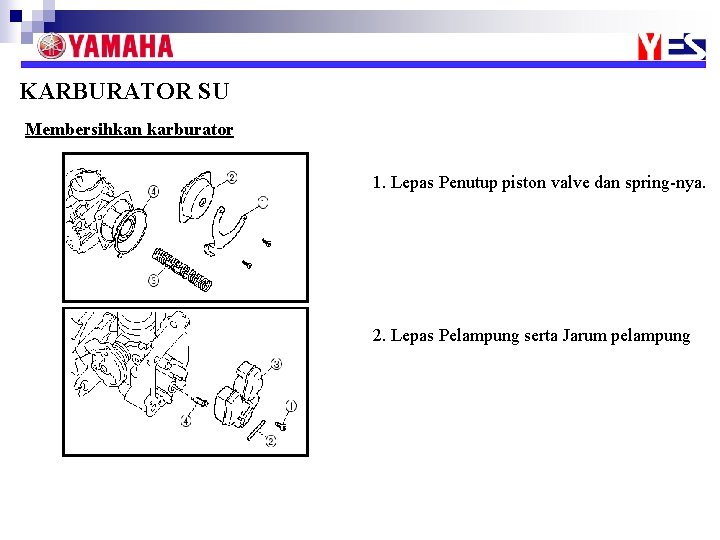 KARBURATOR SU Membersihkan karburator 1. Lepas Penutup piston valve dan spring-nya. 2. Lepas Pelampung