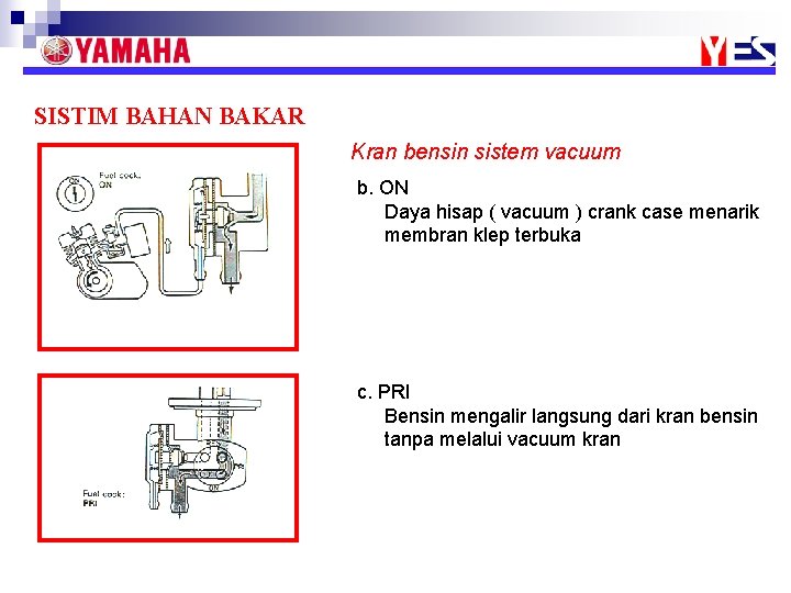 SISTIM BAHAN BAKAR Kran bensin sistem vacuum b. ON Daya hisap ( vacuum )