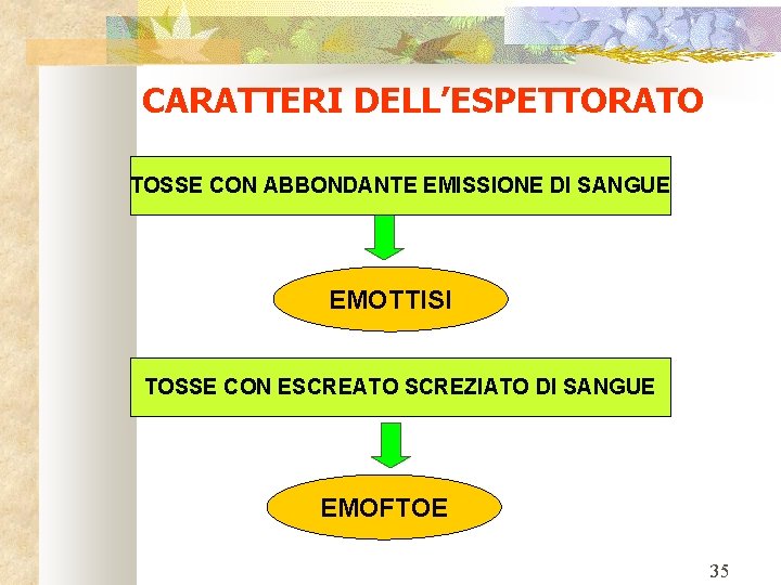 CARATTERI DELL’ESPETTORATO TOSSE CON ABBONDANTE EMISSIONE DI SANGUE EMOTTISI TOSSE CON ESCREATO SCREZIATO DI