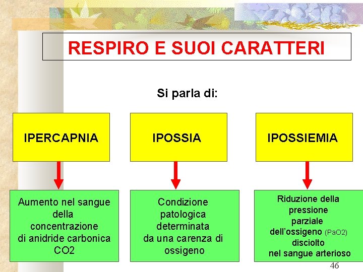RESPIRO E SUOI CARATTERI Si parla di: IPERCAPNIA Aumento nel sangue della concentrazione di