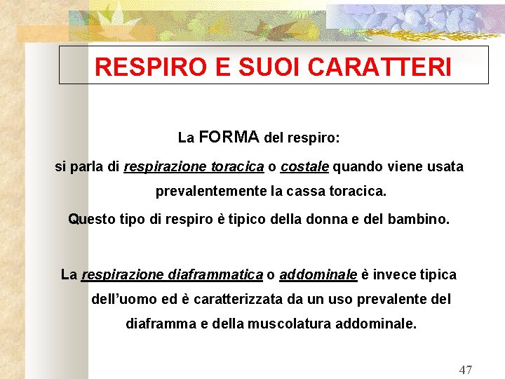 RESPIRO E SUOI CARATTERI La FORMA del respiro: si parla di respirazione toracica o