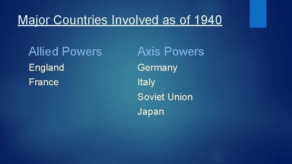 Major Countries Involved as of 1940 Allied Powers Axis Powers England Germany France Italy
