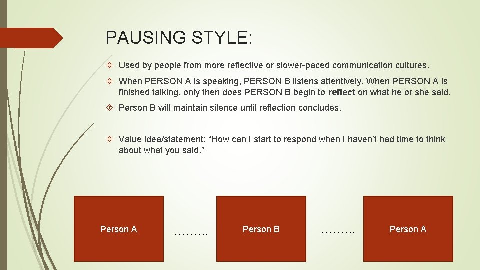 PAUSING STYLE: Used by people from more reflective or slower-paced communication cultures. When PERSON