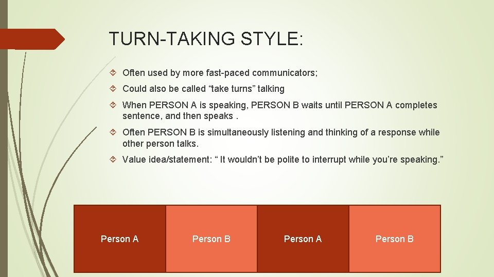 TURN-TAKING STYLE: Often used by more fast-paced communicators; Could also be called “take turns”