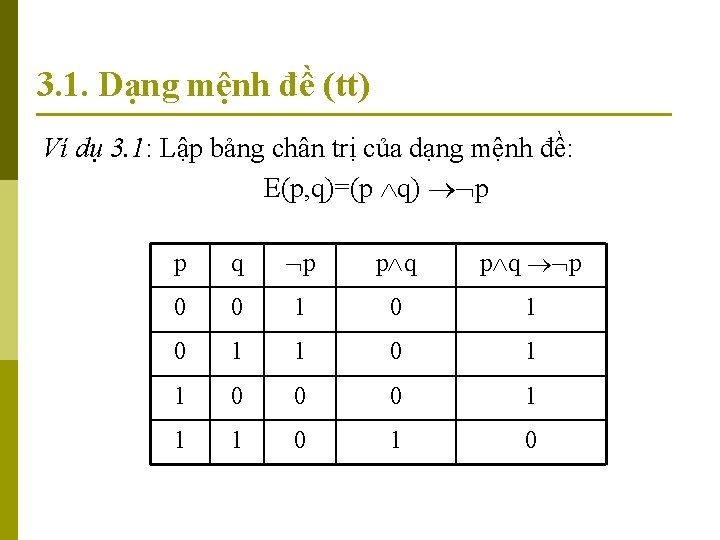 3. 1. Dạng mệnh đề (tt) Ví dụ 3. 1: Lập bảng chân trị