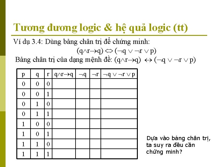 Tương đương logic & hệ quả logic (tt) Ví dụ 3. 4: Dùng bảng