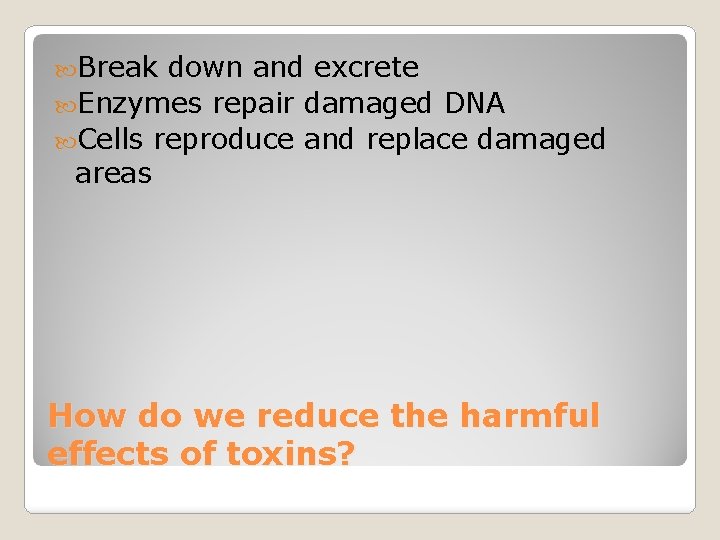  Break down and excrete Enzymes repair damaged DNA Cells reproduce and replace damaged