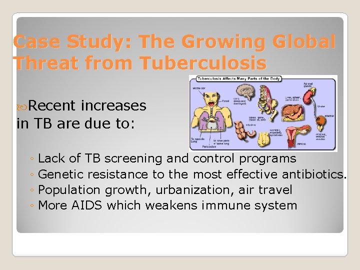 Case Study: The Growing Global Threat from Tuberculosis Recent increases in TB are due