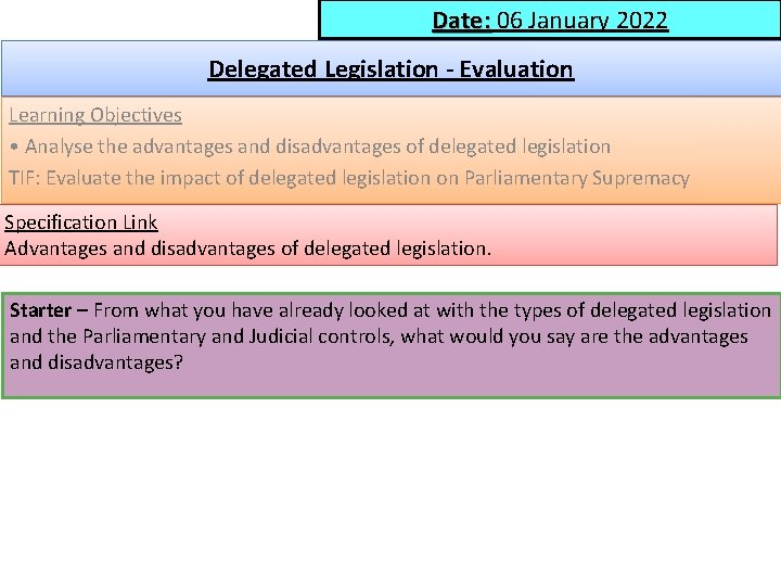 Date: 06 January 2022 Delegated Legislation - Evaluation Learning Objectives • Analyse the advantages