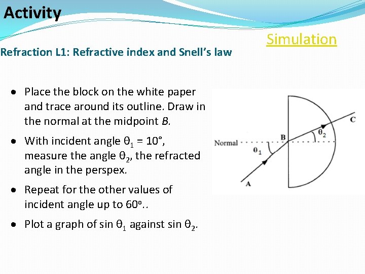 Activity Refraction L 1: Refractive index and Snell’s law Place the block on the