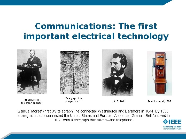 Communications: The first important electrical technology Franklin Pope, telegraph operator Telegraph line congestion A.