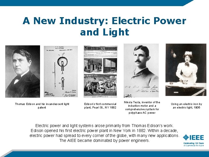 A New Industry: Electric Power and Light Thomas Edison and his incandescent light patent