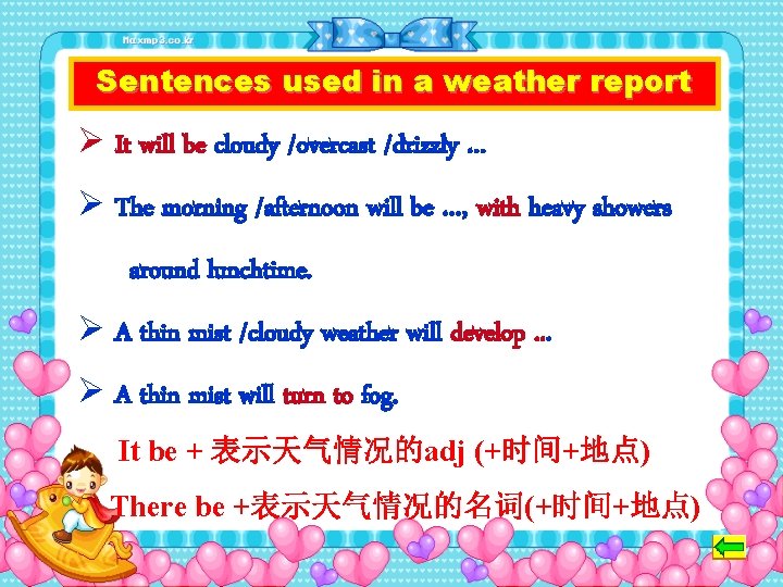 Sentences used in a weather report Ø It will be cloudy /overcast /drizzly …