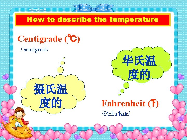 How to describe the temperature Centigrade (℃) /’sentigreid/ 摄氏温 度的 华氏温 度的 Fahrenheit (℉)