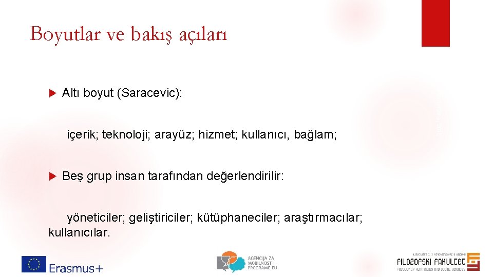 Boyutlar ve bakış açıları Altı boyut (Saracevic): içerik; teknoloji; arayüz; hizmet; kullanıcı, bağlam; Beş Boyutlar ve bakış açıları Altı boyut (Saracevic): içerik; teknoloji; arayüz; hizmet; kullanıcı, bağlam; Beş