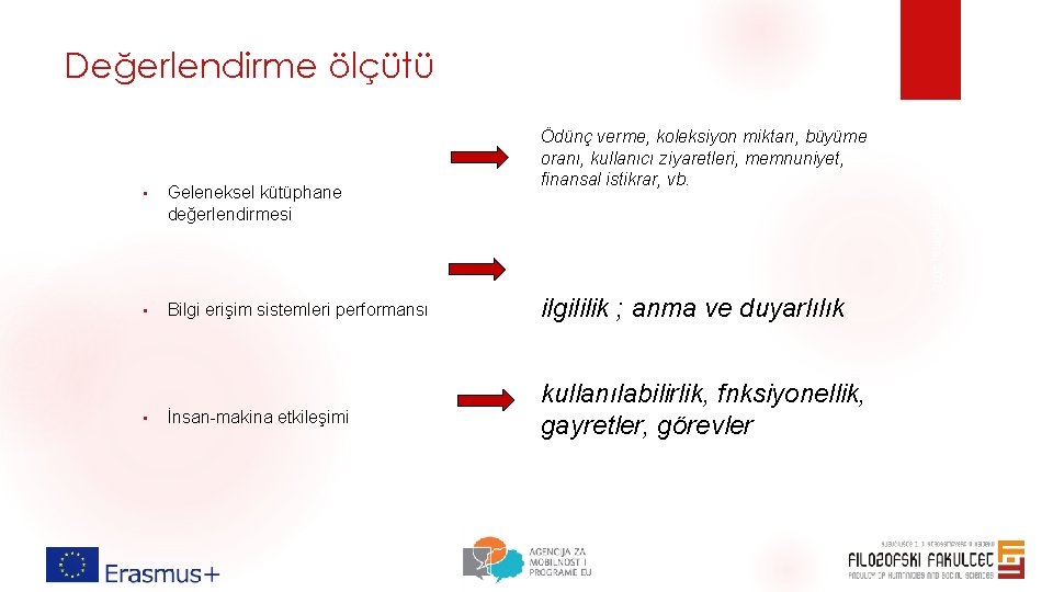 Değerlendirme ölçütü • Geleneksel kütüphane değerlendirmesi • Bilgi erişim sistemleri performansı ilgililik ; anma Değerlendirme ölçütü • Geleneksel kütüphane değerlendirmesi • Bilgi erişim sistemleri performansı ilgililik ; anma