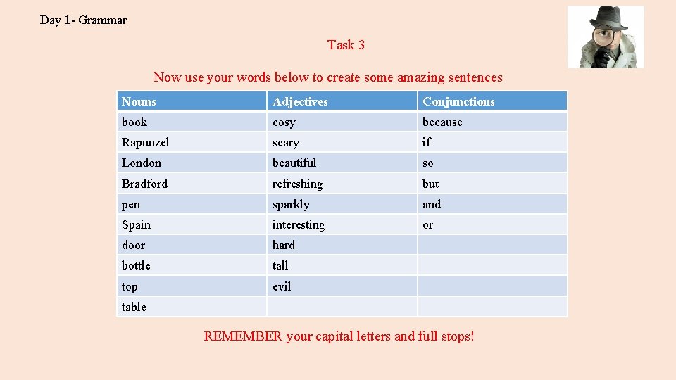 Day 1 - Grammar Task 3 Now use your words below to create some