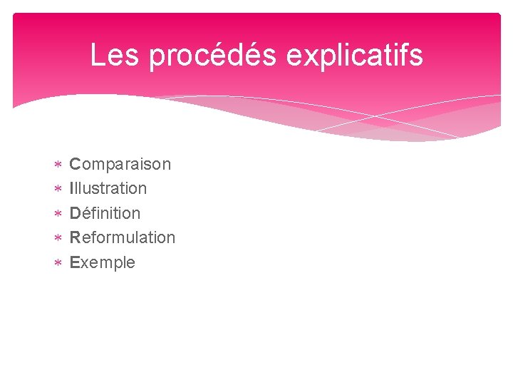 Les procédés explicatifs Comparaison Illustration Définition Reformulation Exemple 