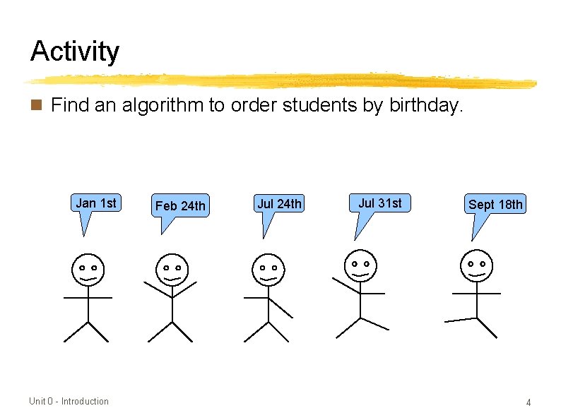 Activity n Find an algorithm to order students by birthday. Jan 1 st Unit