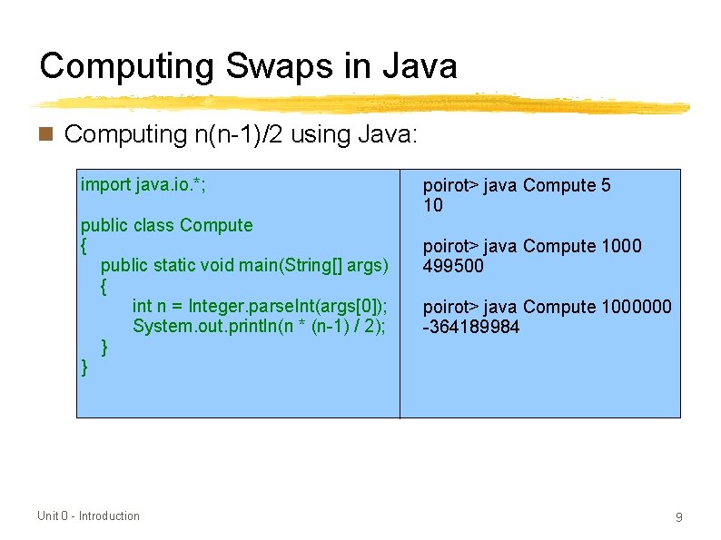Computing Swaps in Java n Computing n(n-1)/2 using Java: import java. io. *; public