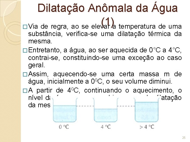 Dilatação Anômala da Água (1) � Via de regra, ao se elevar a temperatura