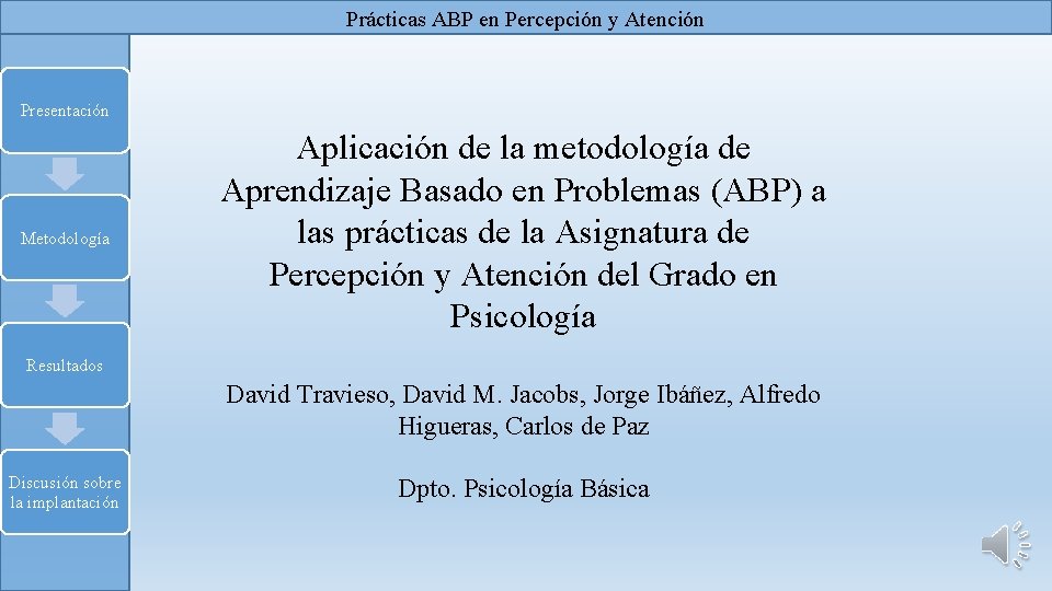 Prácticas ABP en Percepción y Atención Presentación Metodología Aplicación de la metodología de Aprendizaje