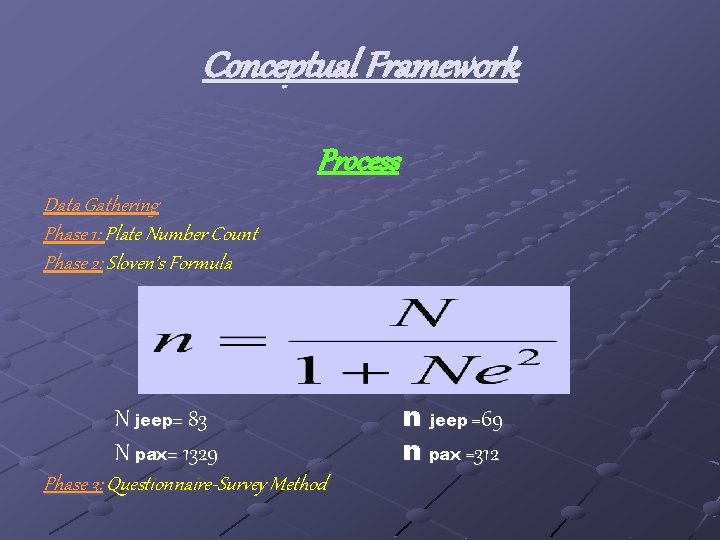 Conceptual Framework Process Data Gathering Phase 1: Plate Number Count Phase 2: Sloven’s Formula