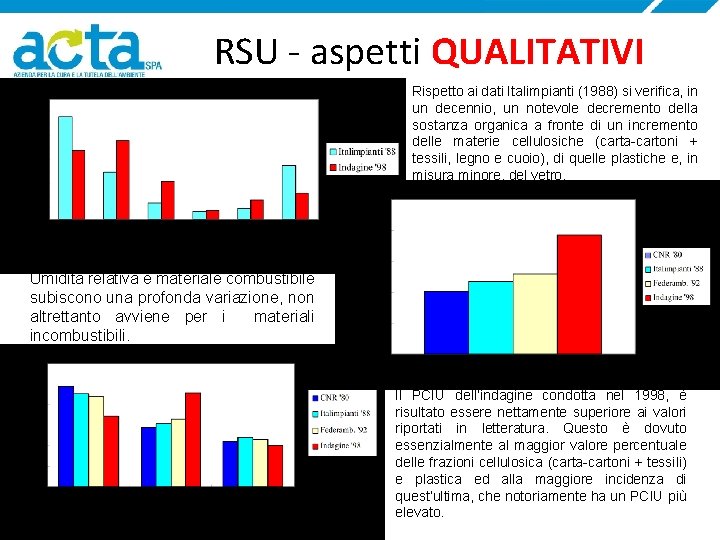 RSU - aspetti QUALITATIVI Rispetto ai dati Italimpianti (1988) si verifica, in un decennio,