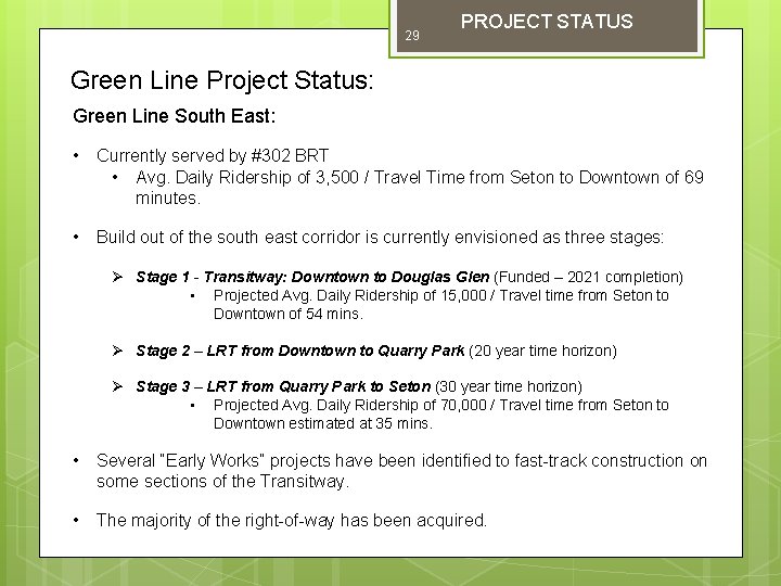 29 PROJECT STATUS Green Line Project Status: Green Line South East: • Currently served