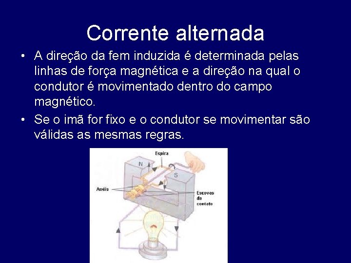 Corrente alternada • A direção da fem induzida é determinada pelas linhas de força