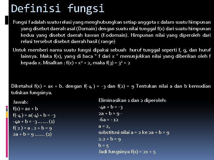 Definisi fungsi Fungsi f adalah suatu relasi yang menghubungkan setiap anggota x dalam suatu